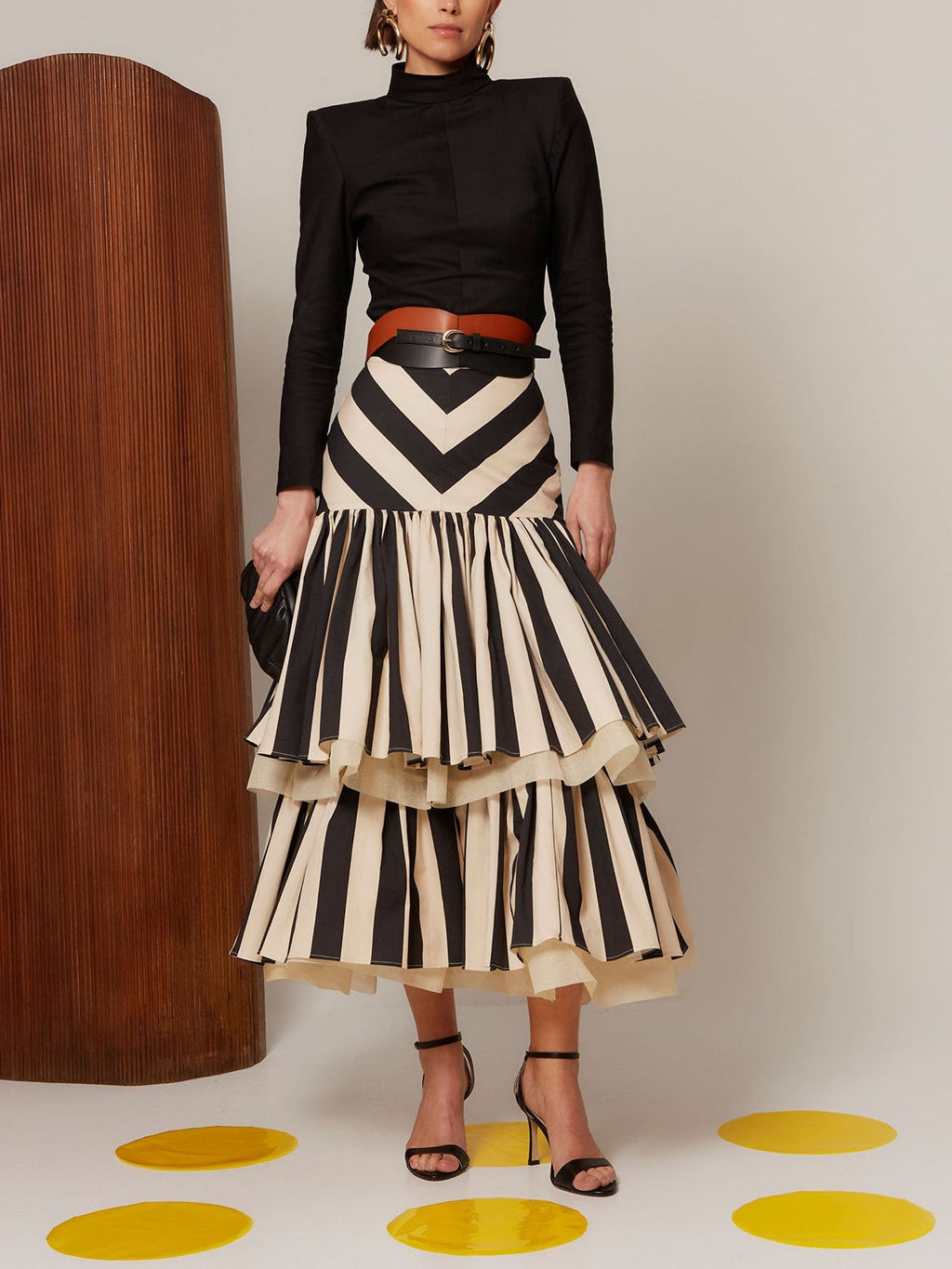 Chevron Striped Tiered Ruffle Midi Skirt