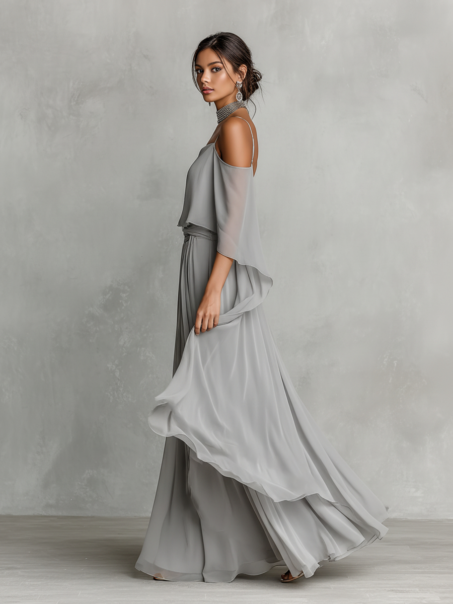 Women's Grey Breathable Chiffon Set With Cold-Shoulder Detail & Flared Silhouette, Contemporary Luxury-Feminine Style Set MDZ2651B6I