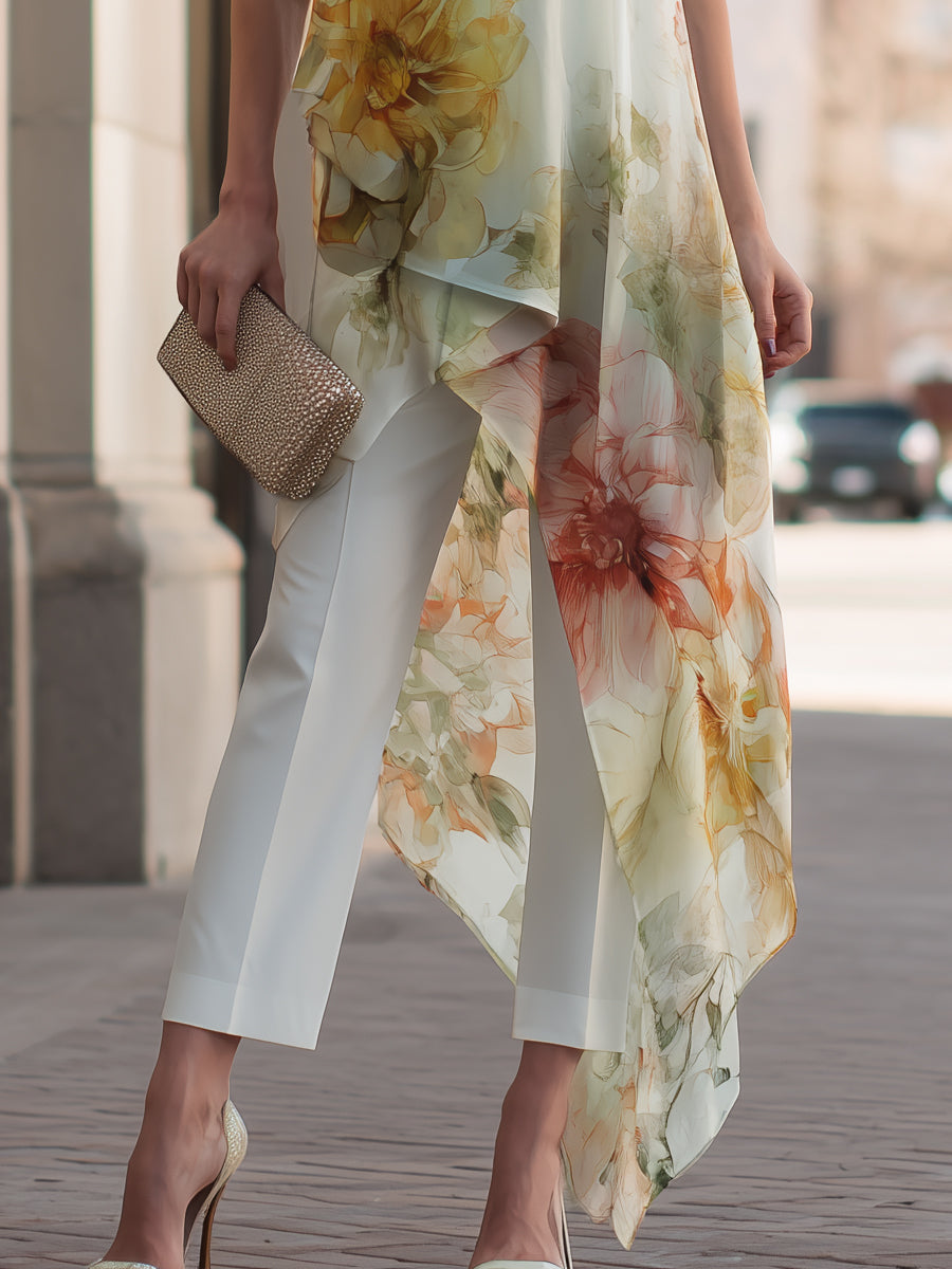 Sheer Floral Asymmetric Overlay Top & Tailored Pants Set