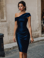 Midnight Asymmetrical Ruched Midi Dress