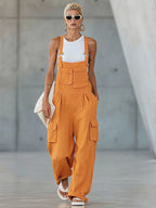Orange Cotton-linen Multi-pocket Wide-leg Overalls