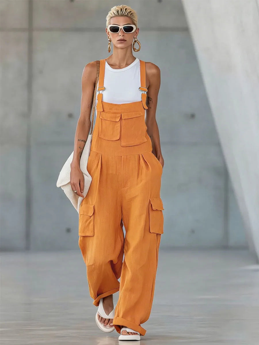 Orange Cotton-linen Multi-pocket Wide-leg Overalls