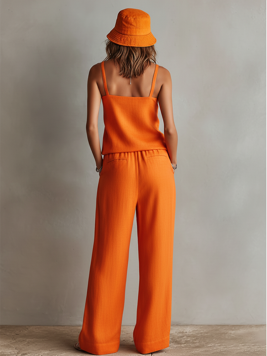 Women's Orange Linen Two-Piece Set With Square Neck Cami Top & Tie-Waist Wide-Leg Pants, Timeless Boho-Resort Style Set MDZ0825D5I