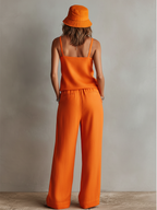 Women's Orange Linen Two-Piece Set With Square Neck Cami Top & Tie-Waist Wide-Leg Pants, Timeless Boho-Resort Style Set MDZ0825D5I
