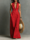 Women's Minimalist Linen-Blend Collared Single-Breasted Sleeveless Maxi Shirt Dress MDZ1011C0Y