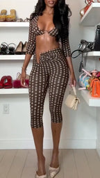 Brown Dot Mesh Bra Top & Capri Pants 2 Piece Matching Set