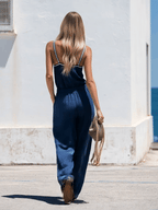 Retro-style Casual Color-blocked Blue Cotton Linen Vest And Pants Set