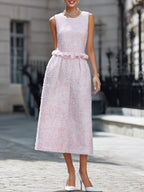 Elegant Pink Tweed Sleeveless Midi Dress