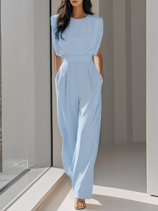 Women Off White Crew Neck Sleeveless Dressy Jumpsuit With Pockets
