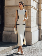 Contrast Trim Sculpted Sheath Midi Dress With Pocket Detail