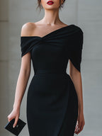 Black Asymmetric Off-Shoulder Midi Dress