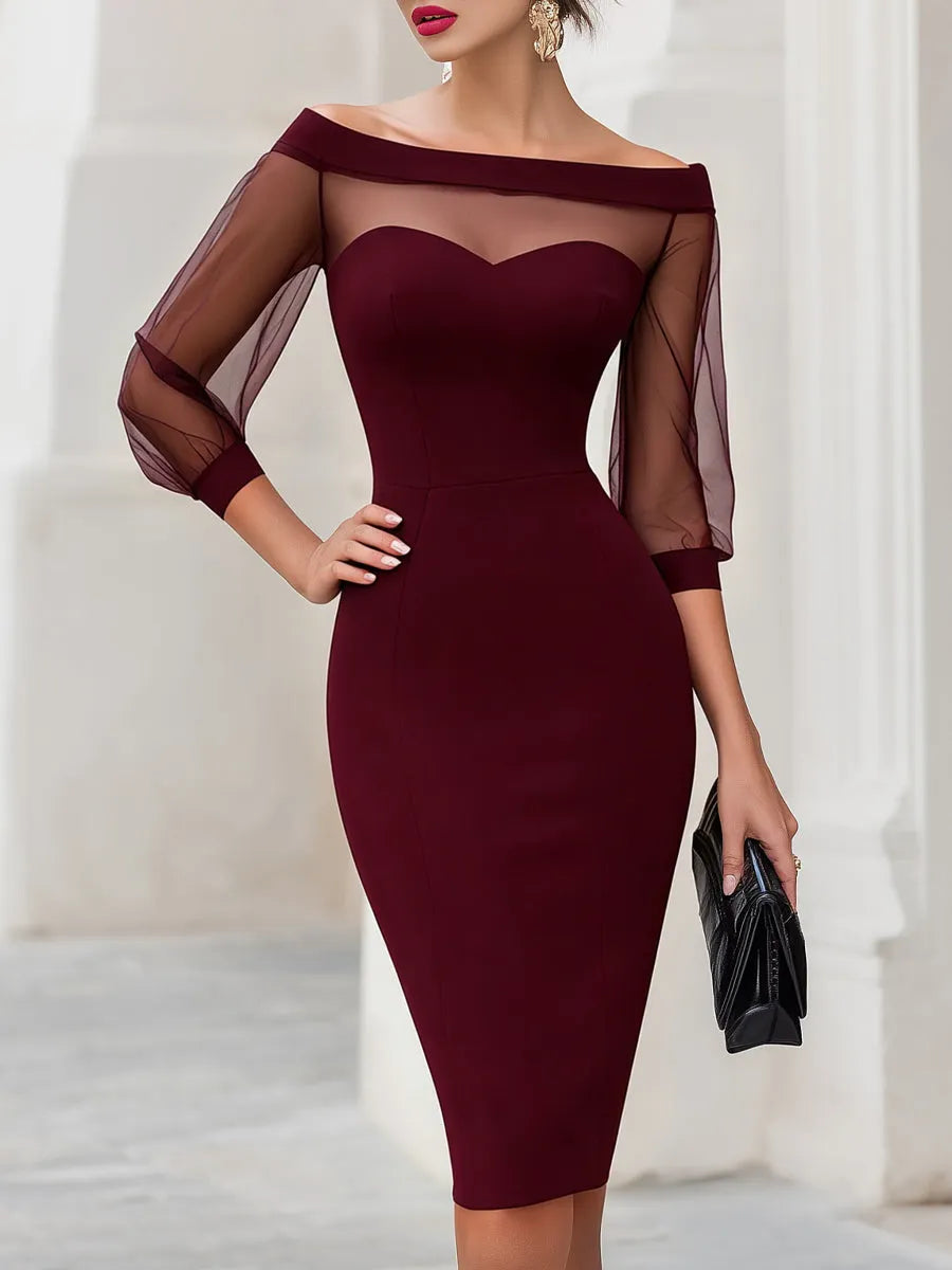 Sheer Illusion Off-Shoulder Sweetheart Midi Dress