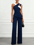 Women Navy Blue Cross Pocket Stitching Halter Neck Sleeveless Dressy Jumpsuit