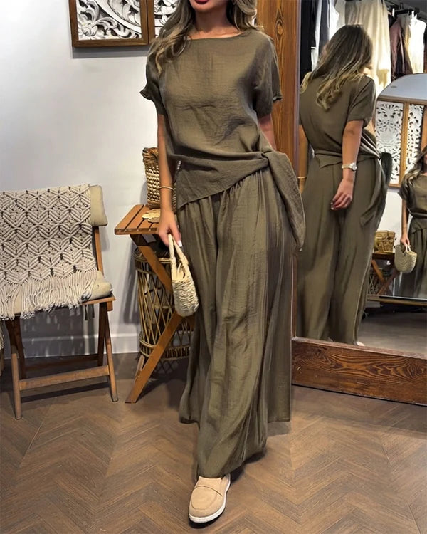 Olive Green Linen Tie Side Two Piece Lounge Set