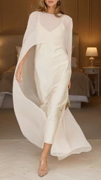 Two Piece Cream Satin Maxi Dress with Chiffon Cape