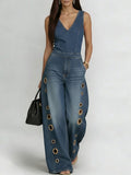 Women's V-neck Sleeveless Casual Loose Denim Wide-leg Jumpsuit