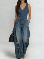 Women's V-neck Sleeveless Casual Loose Denim Wide-leg Jumpsuit