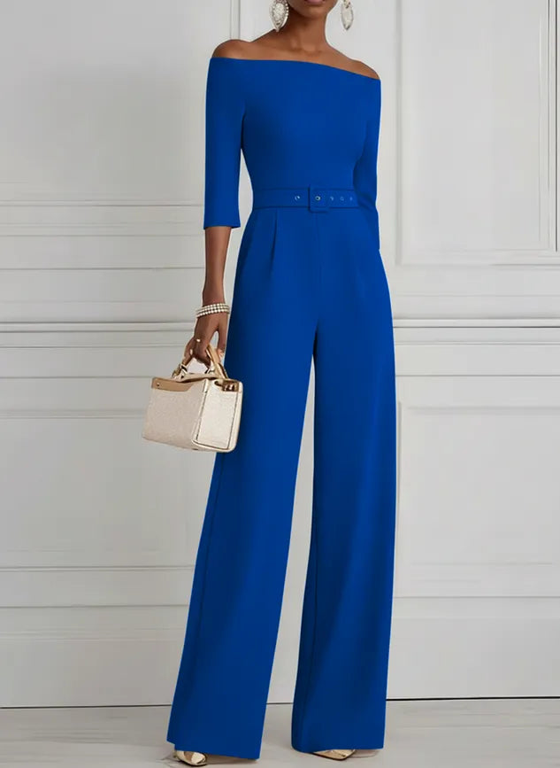 Women Navy Blue Off The Shoulder Half Sleeve Dressy Jumpsuit With Pockets
