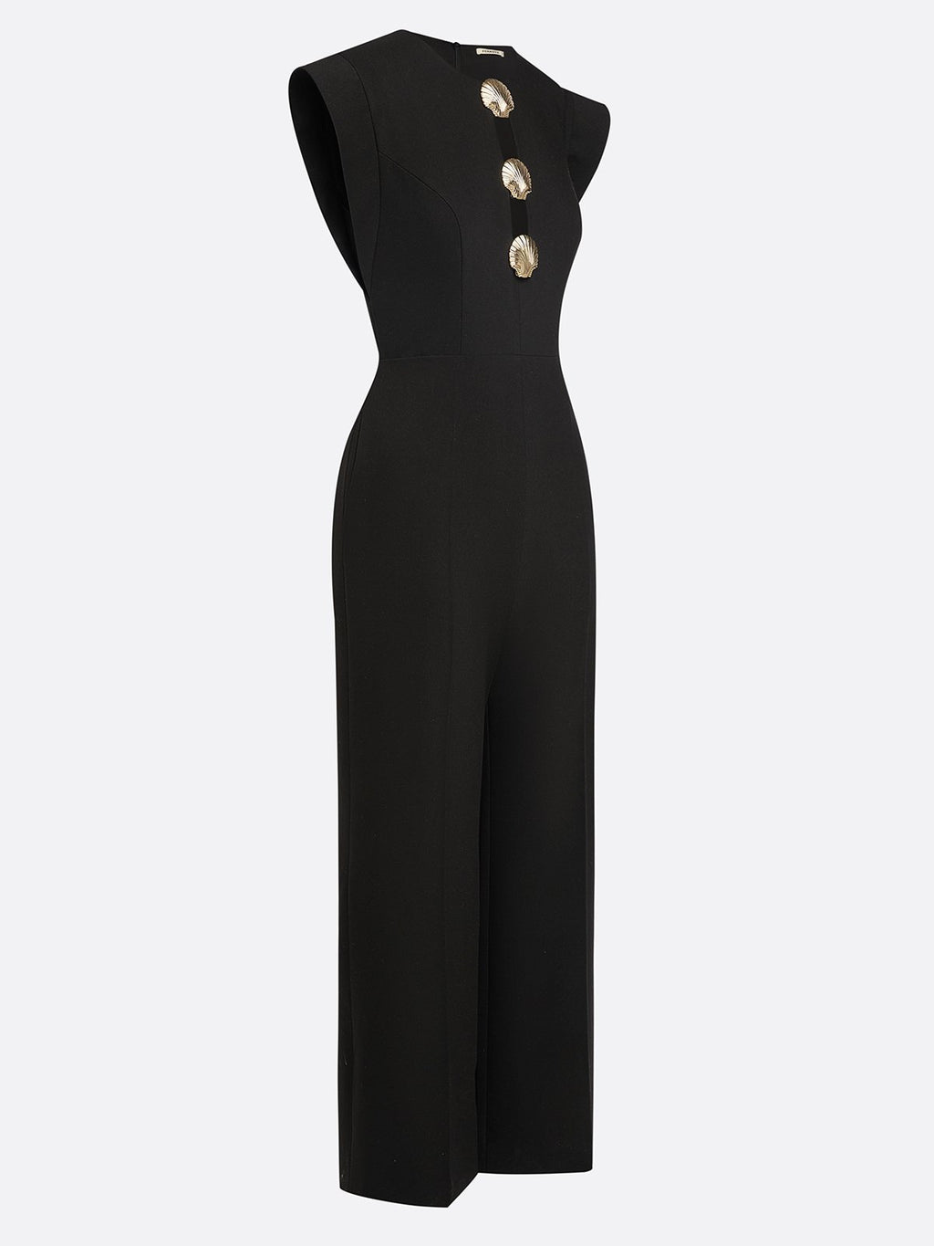 Women Black Buckle Hollow Out Crew Neck Cap Sleeve Dressy Jumpsuit