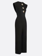 Women Black Buckle Hollow Out Crew Neck Cap Sleeve Dressy Jumpsuit