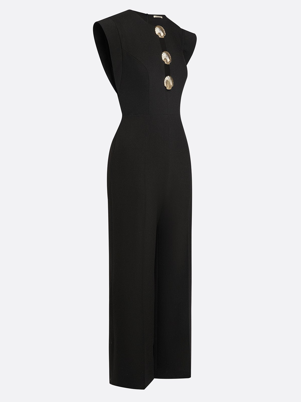 Women Black Buckle Hollow Out Crew Neck Cap Sleeve Dressy Jumpsuit