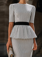 Striped Peplum Top And Pencil Skirt Set