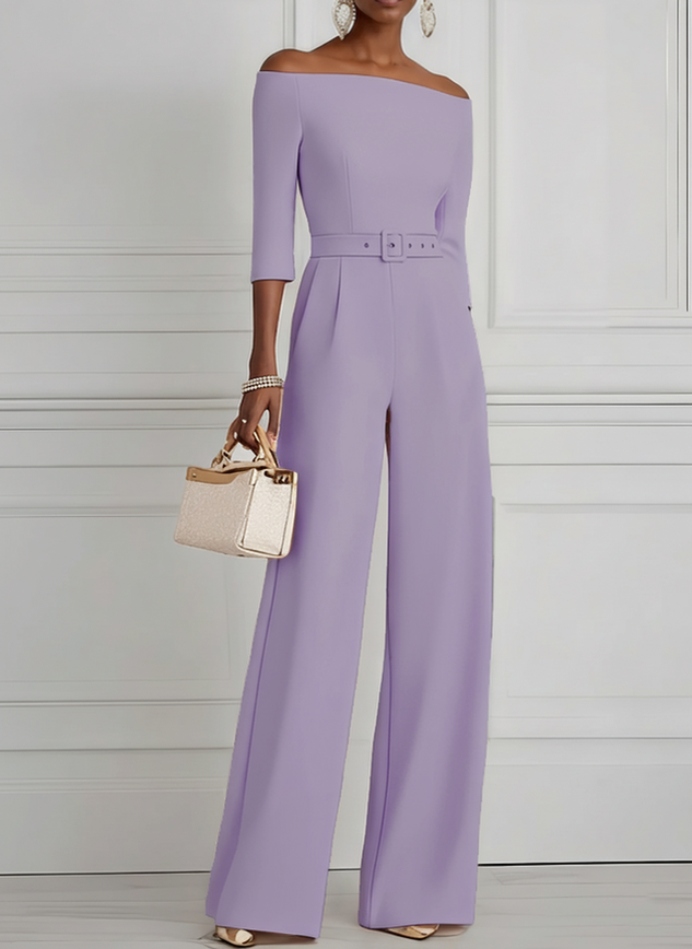 Women Purple Off The Shoulder Half Sleeve Dressy Jumpsuit With Pockets