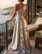 Silver Satin Shoulder Maxi Dress