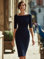 Elegant Square-Neck Midi Sheath Dress