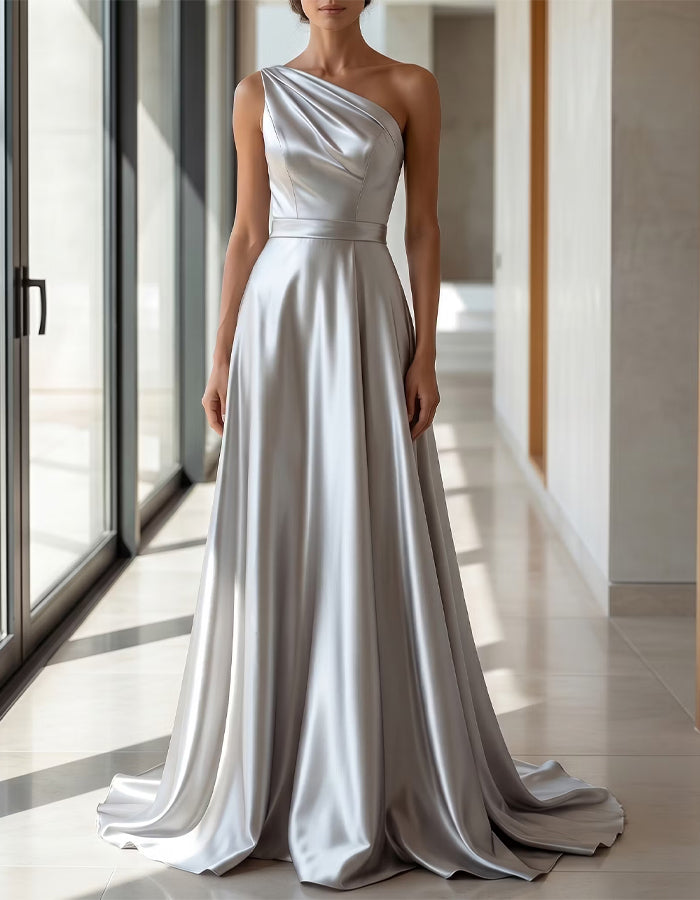 Silver Satin Shoulder Maxi Dress