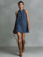 Women's Casual Denim Stand-Collar Button-Front Sleeveless Mini Dress MDZ0144F5Y
