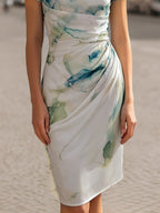 Draped Cowl-Neck Print Midi Dress