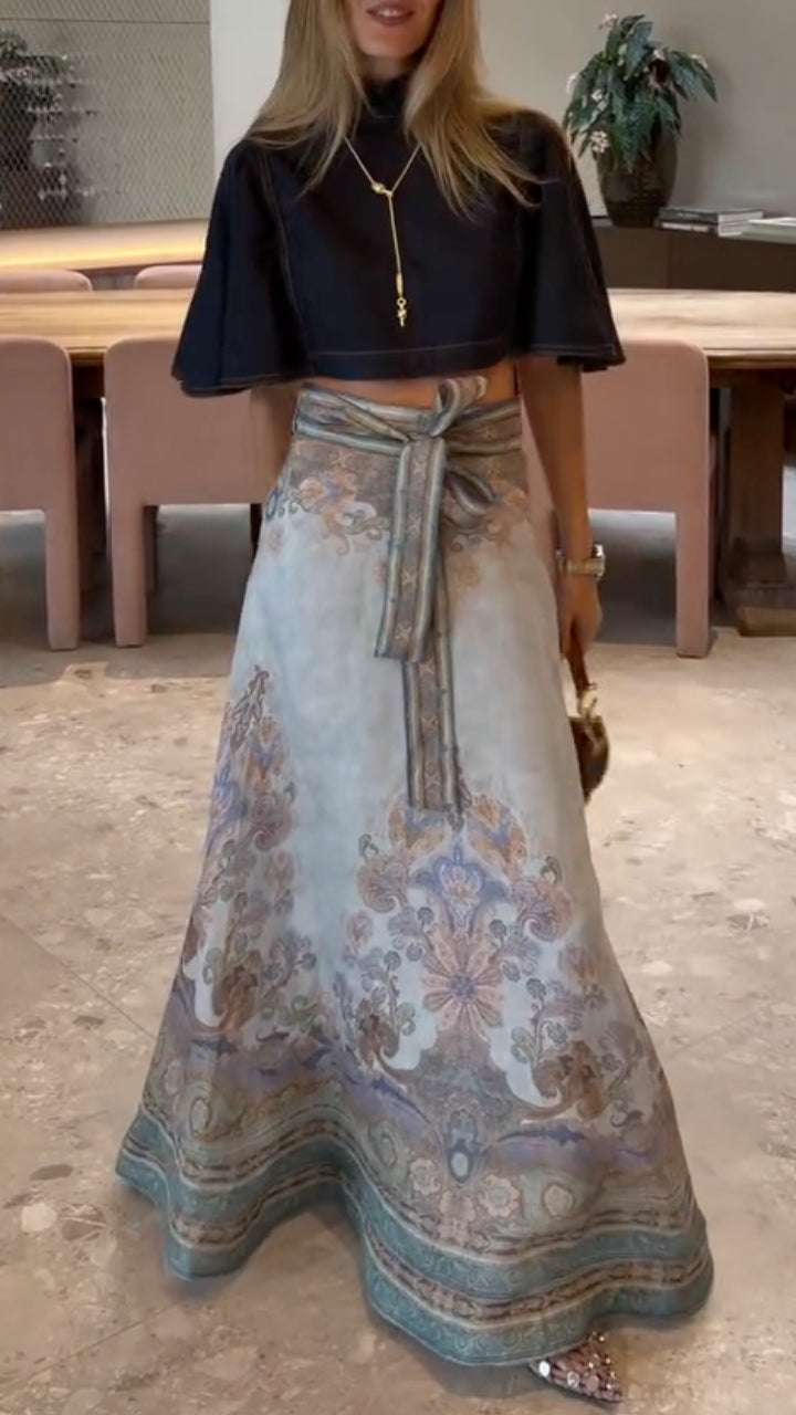 Black Crop Top & Vintage Paisley Print Maxi Skirt 2 Piece Set