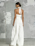 Women's Elegant White Woven Sleeveless Halter-neck Jumpsuit MDZ0554A3AN