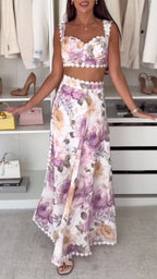 Purple Floral Lace Trim Cami Crop & Skirt 2 Piece Set