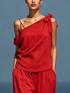 Women’s Red Linen Two-Piece Set: Asymmetrical One-Shoulder Top (Without Neck Scarf) & Wide-Leg Pants With Pockets MDZ2201D4T