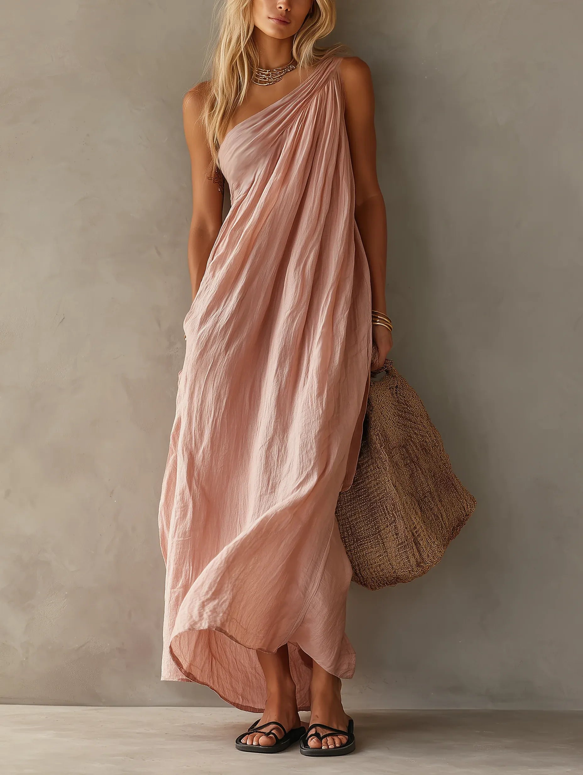 Elegant Pink One-shoulder Sleeveless Maxi Dress