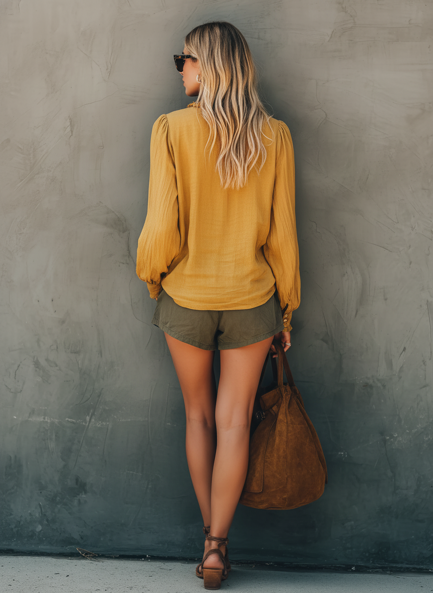Women's Casual Yellow Cotton-Linen V-Neck Long-Sleeve Top And Olive Green Shorts Set MDZ1527E4LXY