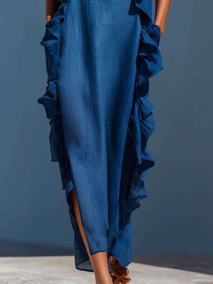 Women’s Blue Linen-Blend Spaghetti Strap Ruffle Trim Maxi Dress With Slit MDZ2407D1T