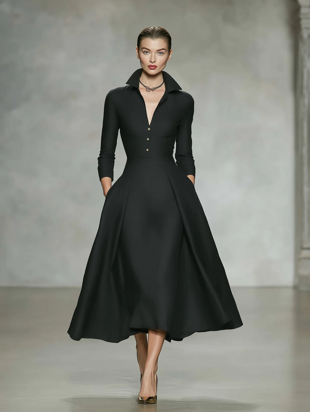 Women's Minimalist Linen-Blend Long-Sleeve Midi Dress With Collar And V-Neck MDZ1529F7WY