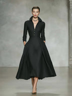 Women's Minimalist Linen-Blend Long-Sleeve Midi Dress With Collar And V-Neck MDZ1529F7WY
