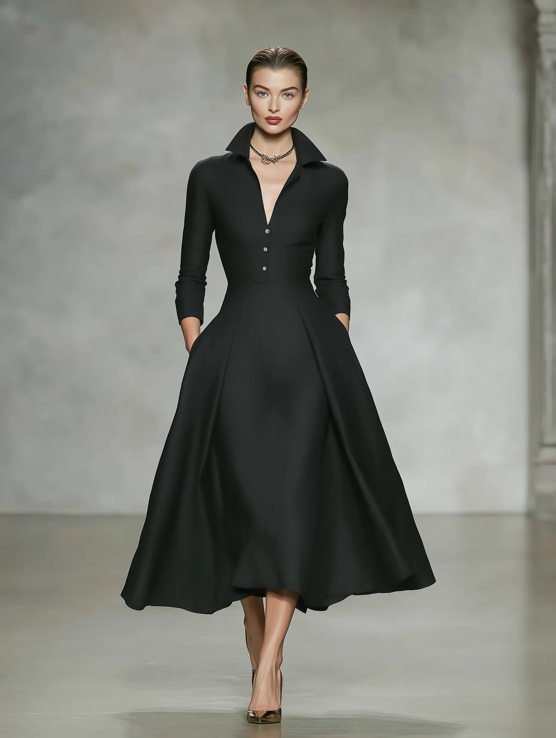 Women's Minimalist Linen-Blend Long-Sleeve Midi Dress With Collar And V-Neck MDZ1529F7WY