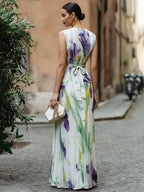 Iris Bloom Sleeveless Plissé Maxi Gown