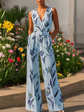 Women White Printing Deep V Neck Sleeveless Vacation Jumpsuit With Pockets