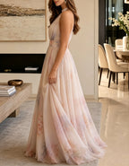 Blush Watercolor Floral Print Halter Chiffon A-Line Maxi Formal Dress