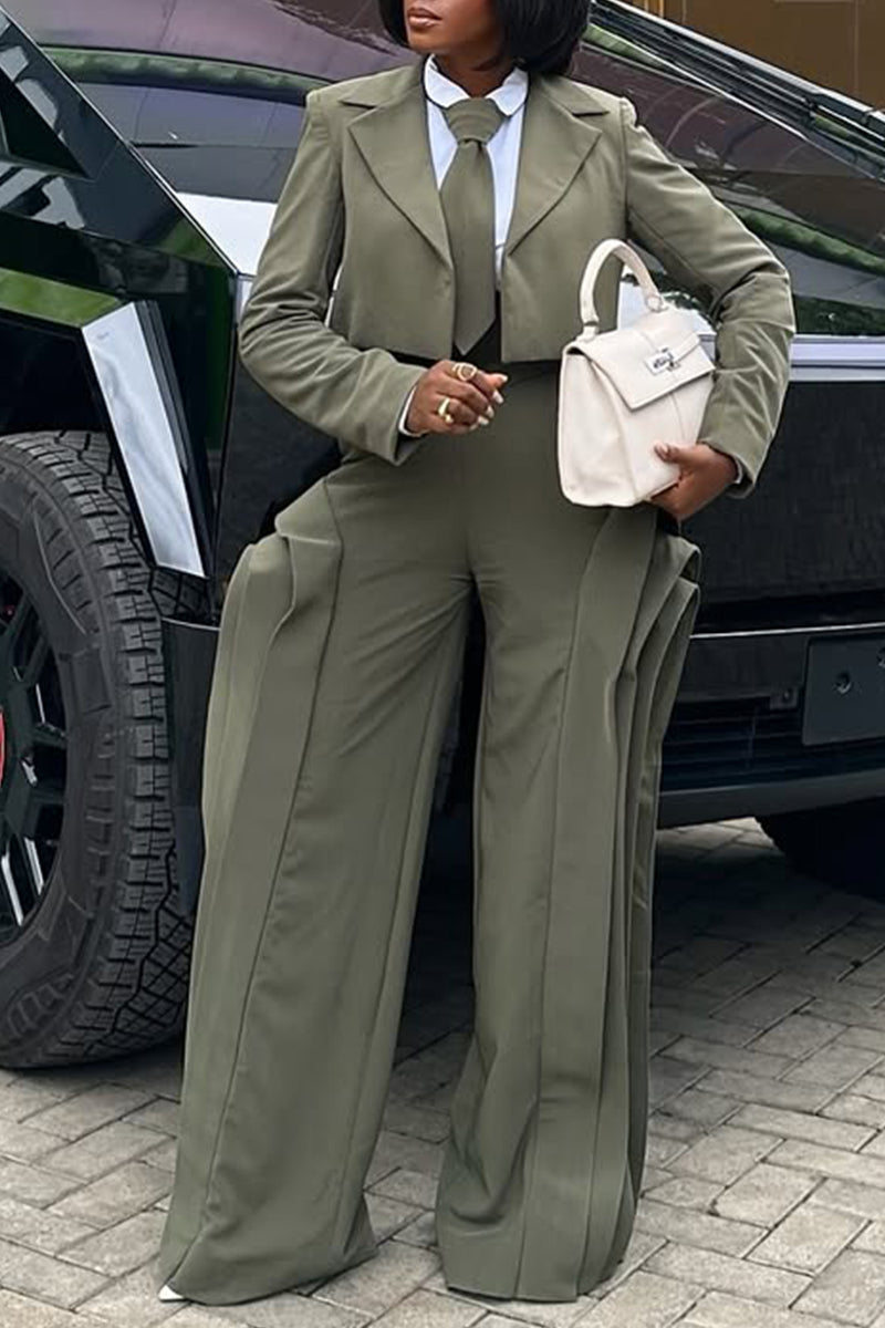Women Collar Jacket+ High Waisted Patchwork Wide Leg Pants Temperament Commuting Formal Suit