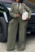 Women Collar Jacket+ High Waisted Patchwork Wide Leg Pants Temperament Commuting Formal Suit