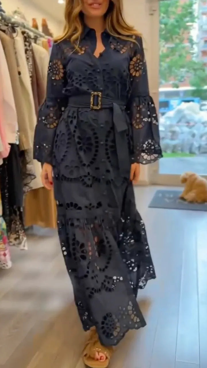 Eyelet Embroidery Belted Shirt Maxi Dress