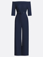 Women Navy Blue Off The Shoulder Half Sleeve Dressy Jumpsuit With Pockets