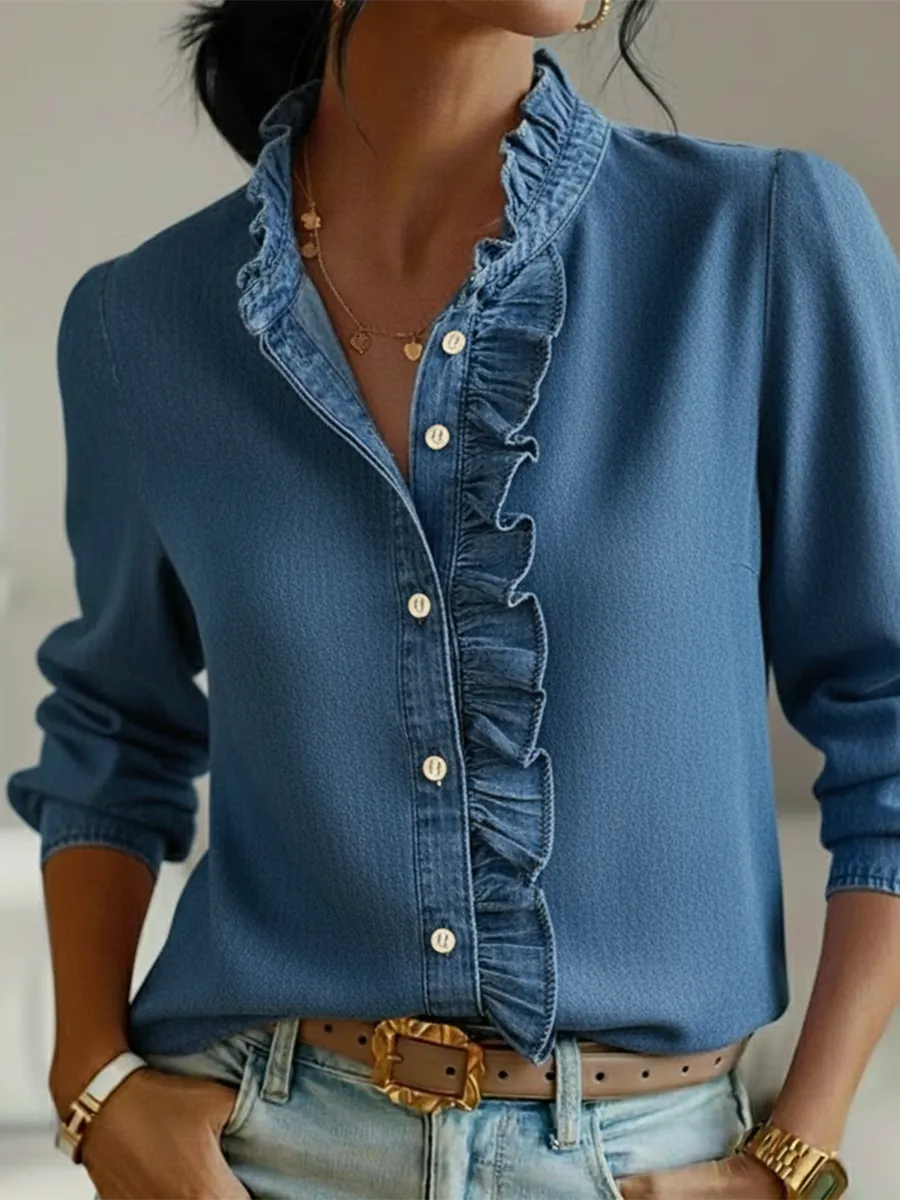 Elegant Lace-collared Denim Shirt Top
